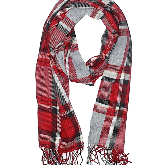 J. Crew Factory Accessories - J. CREW Factory Tartan Plaid Fringe Red Grey Scarf
